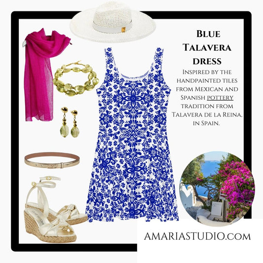 Blue white summer Skater Dress talavera dress - Amaria Studio