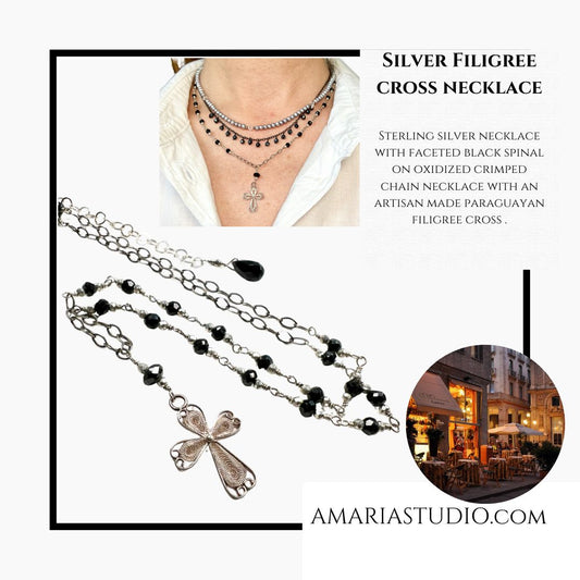Sterling silver filigree cross necklace paraguayan cross black spinel necklace - Amaria Studio