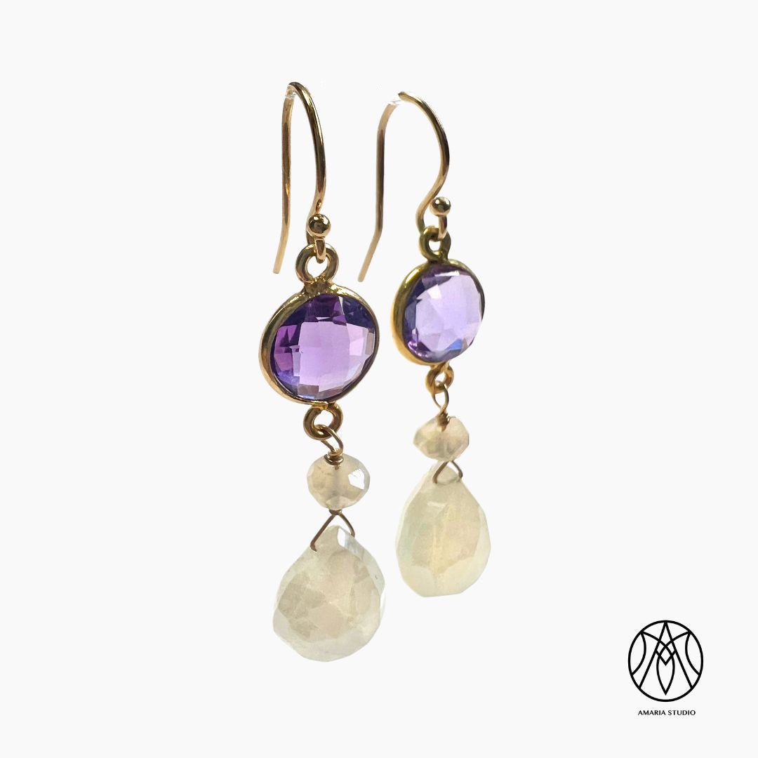 Amethyst earrings with Chalcedony briolette drops