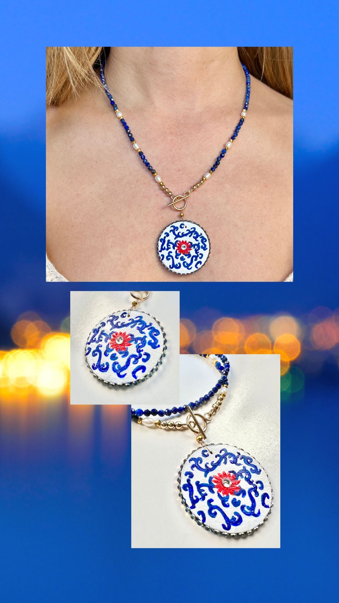 Lapis lazuli necklace with hand painted pendant - Amaria Studio