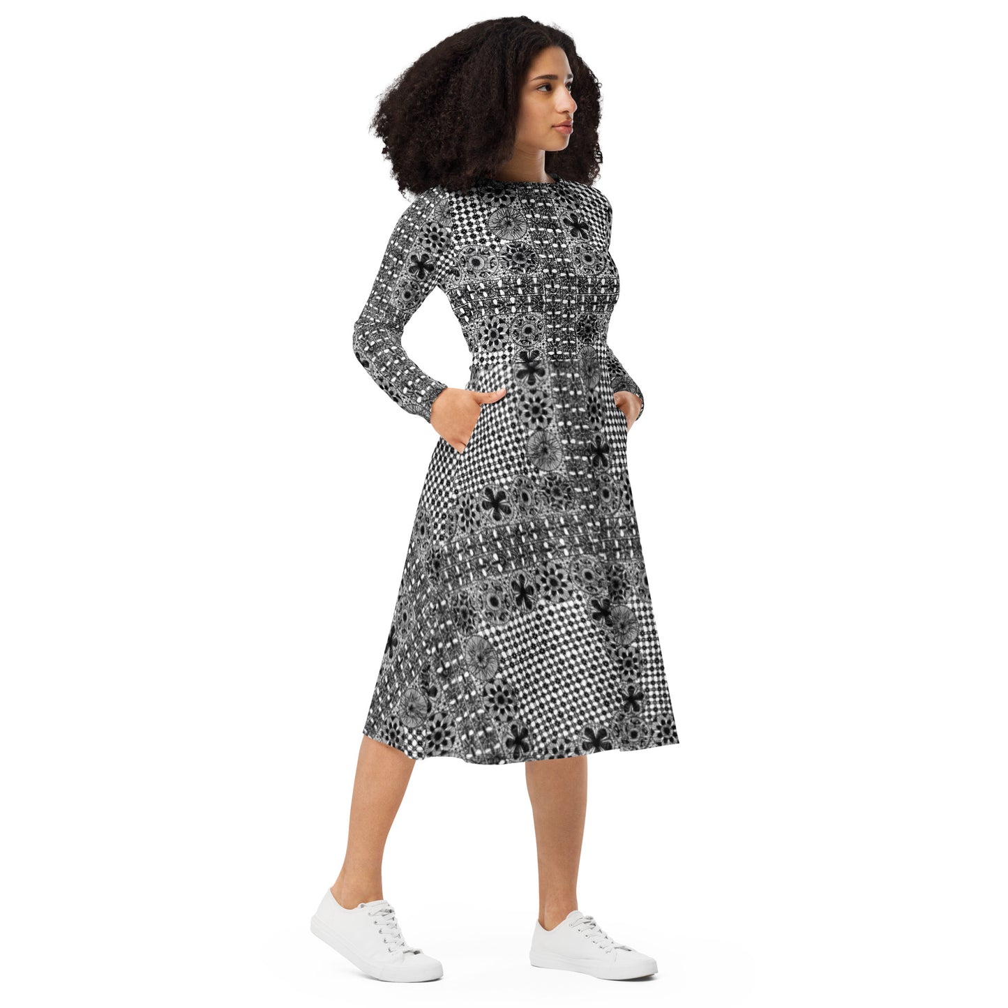 Ñanduti lace print long sleeve midi dress - Amaria Studio