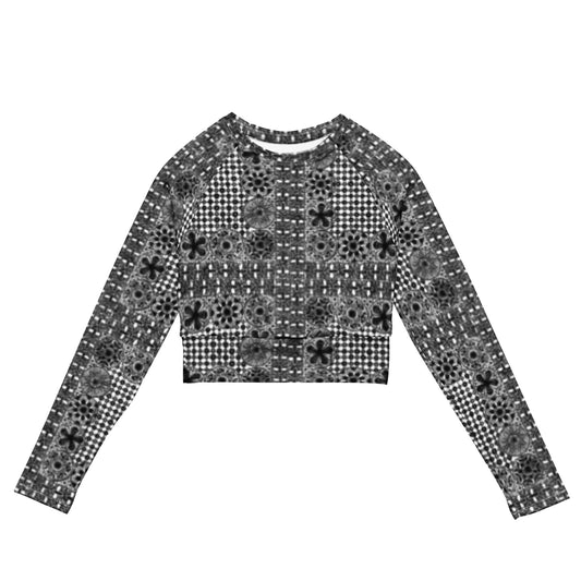 Black ñanduti lace print long-sleeve crop top - Amaria Studio