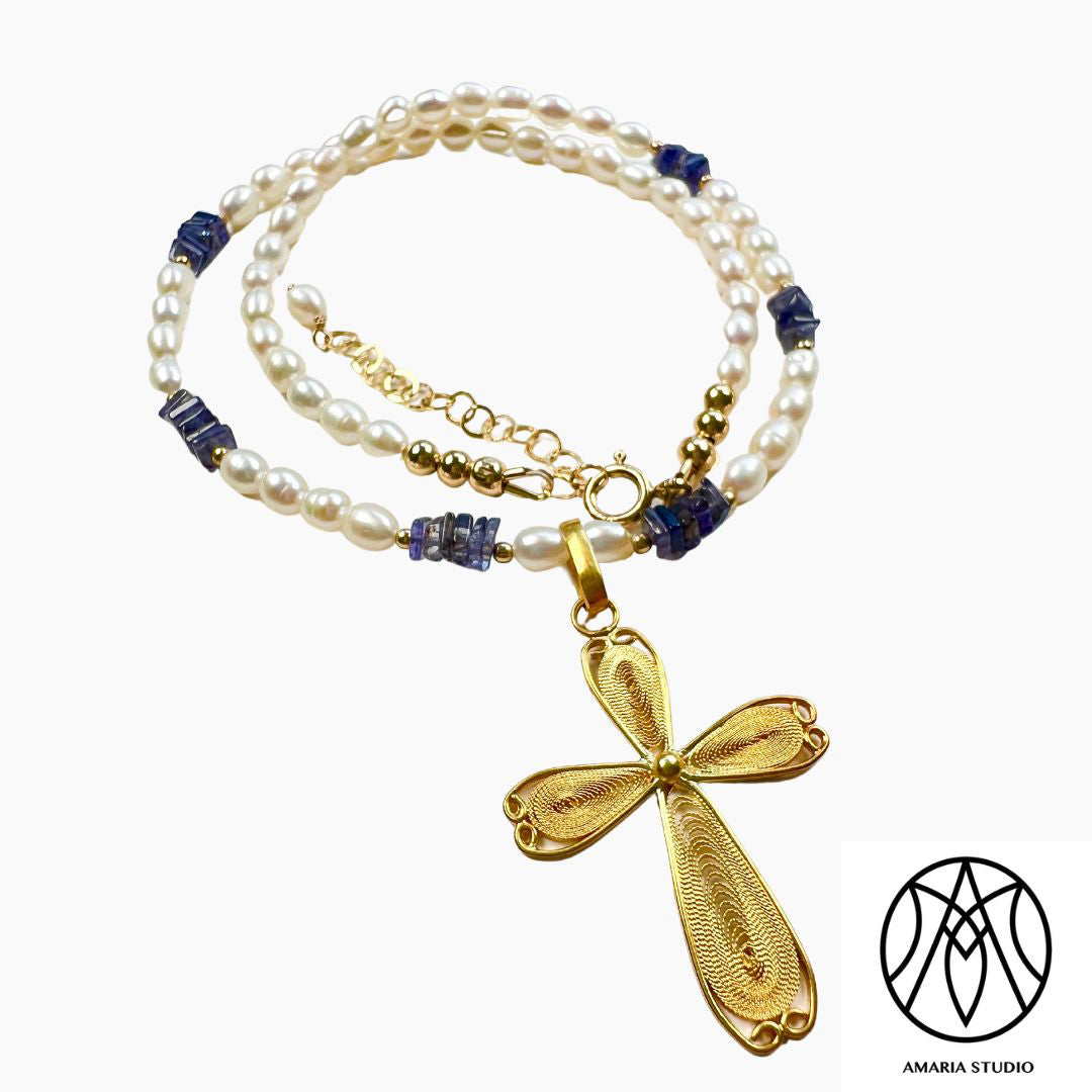 Pearl iolite necklace with filigree cross - Amaria Studio