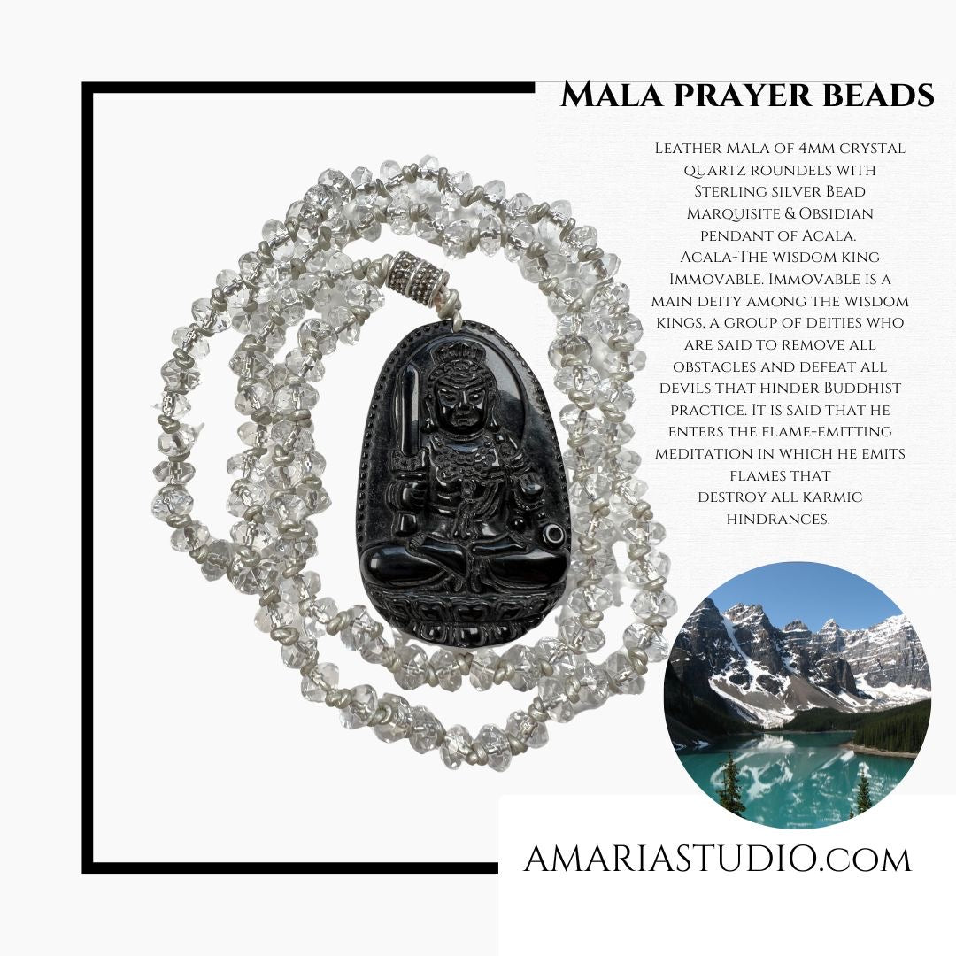 Crystal Quartz Mala with Obsidian Acala Pendant