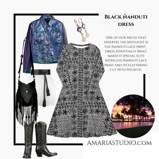 Black Ñanduti lace print long sleeve midi dress - Amaria Studio