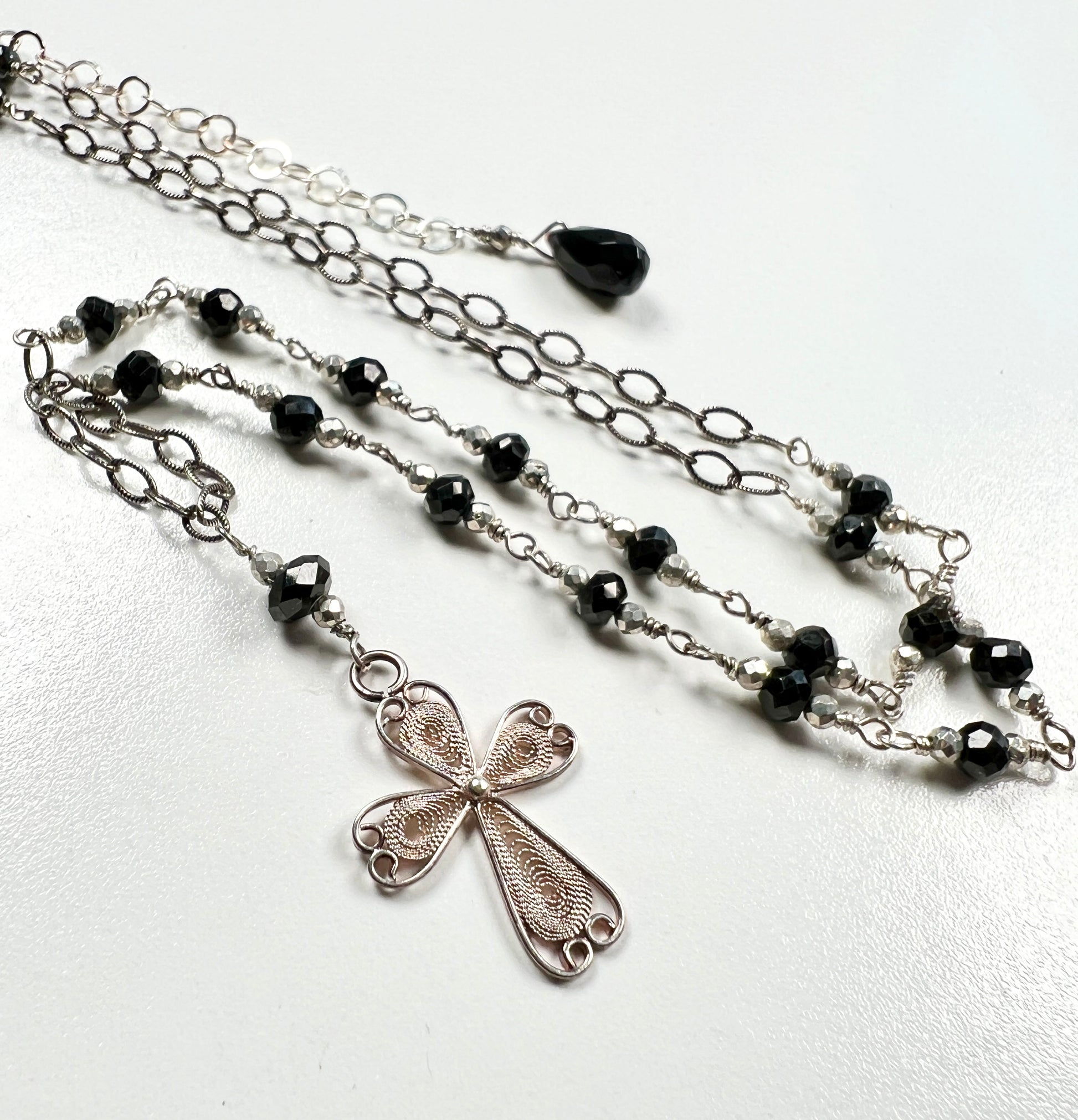 Sterling silver filigree cross necklace paraguayan cross black spinel necklace - Amaria Studio