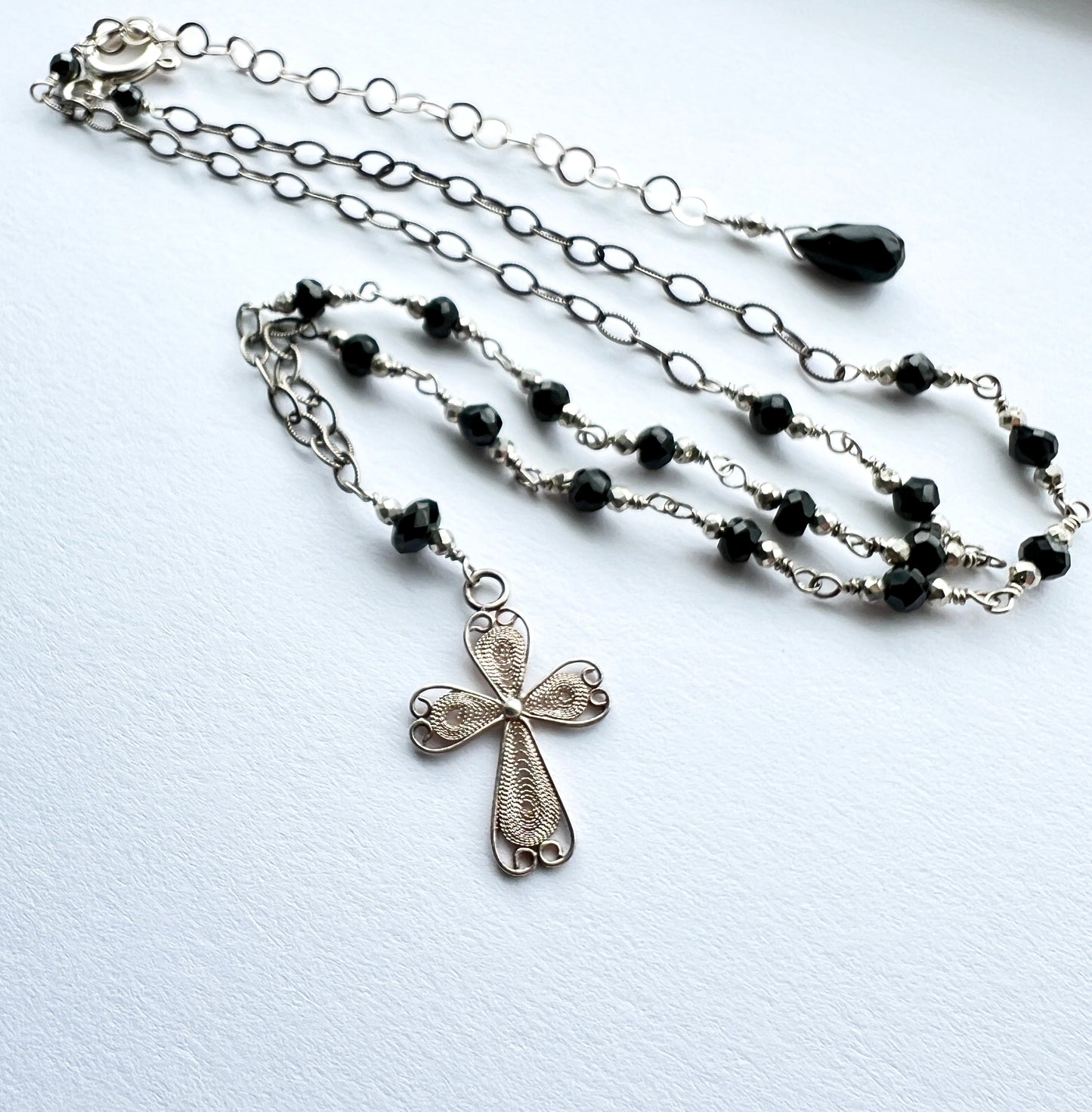 Sterling silver filigree cross necklace paraguayan cross black spinel necklace - Amaria Studio