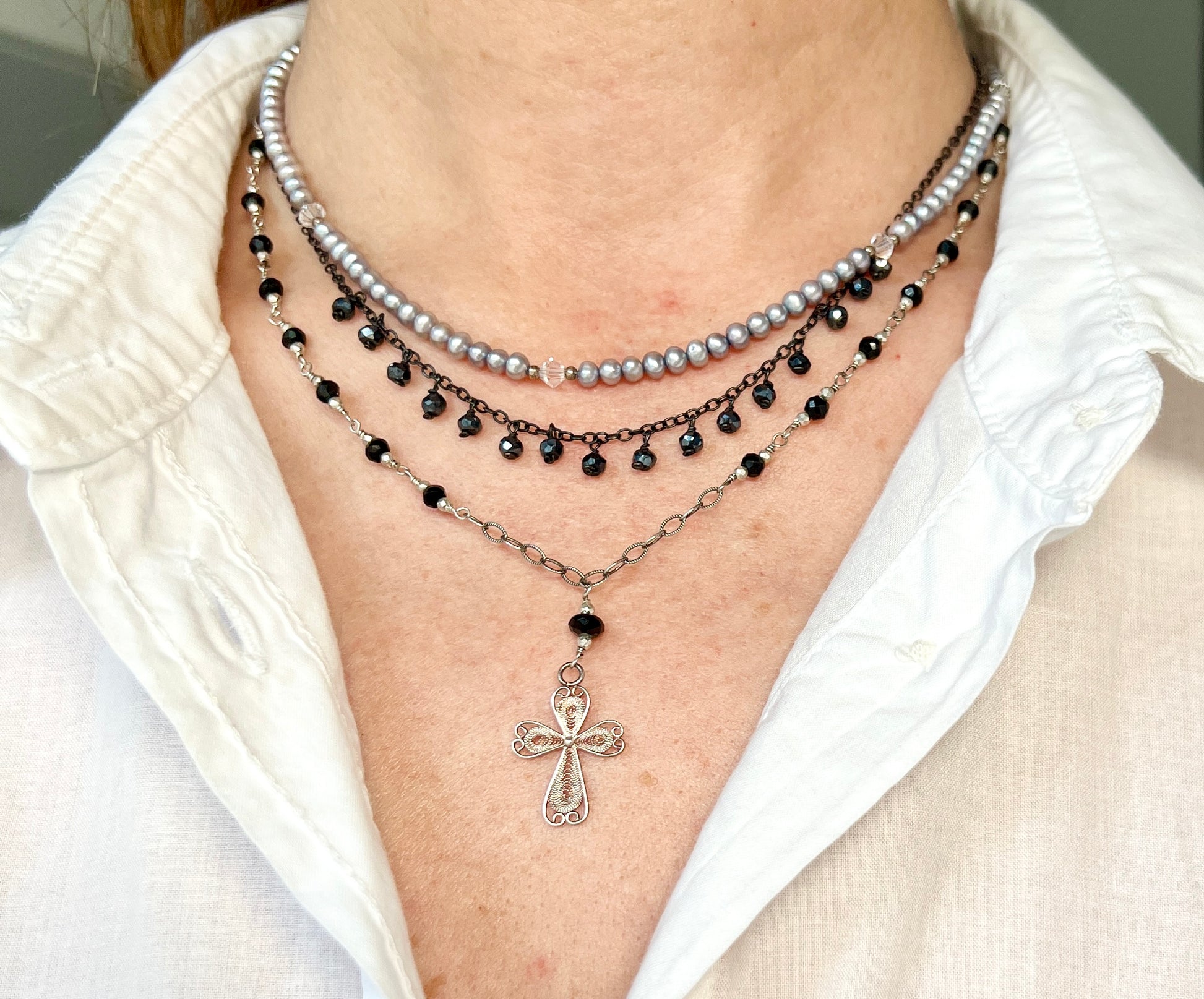 Sterling silver filigree cross necklace paraguayan cross black spinel necklace - Amaria Studio