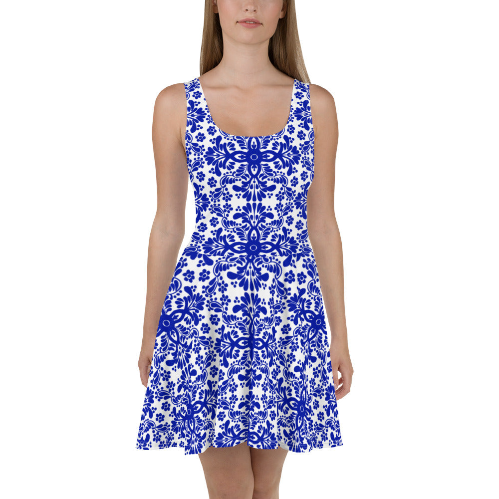 Blue white summer Skater Dress talavera dress - Amaria Studio