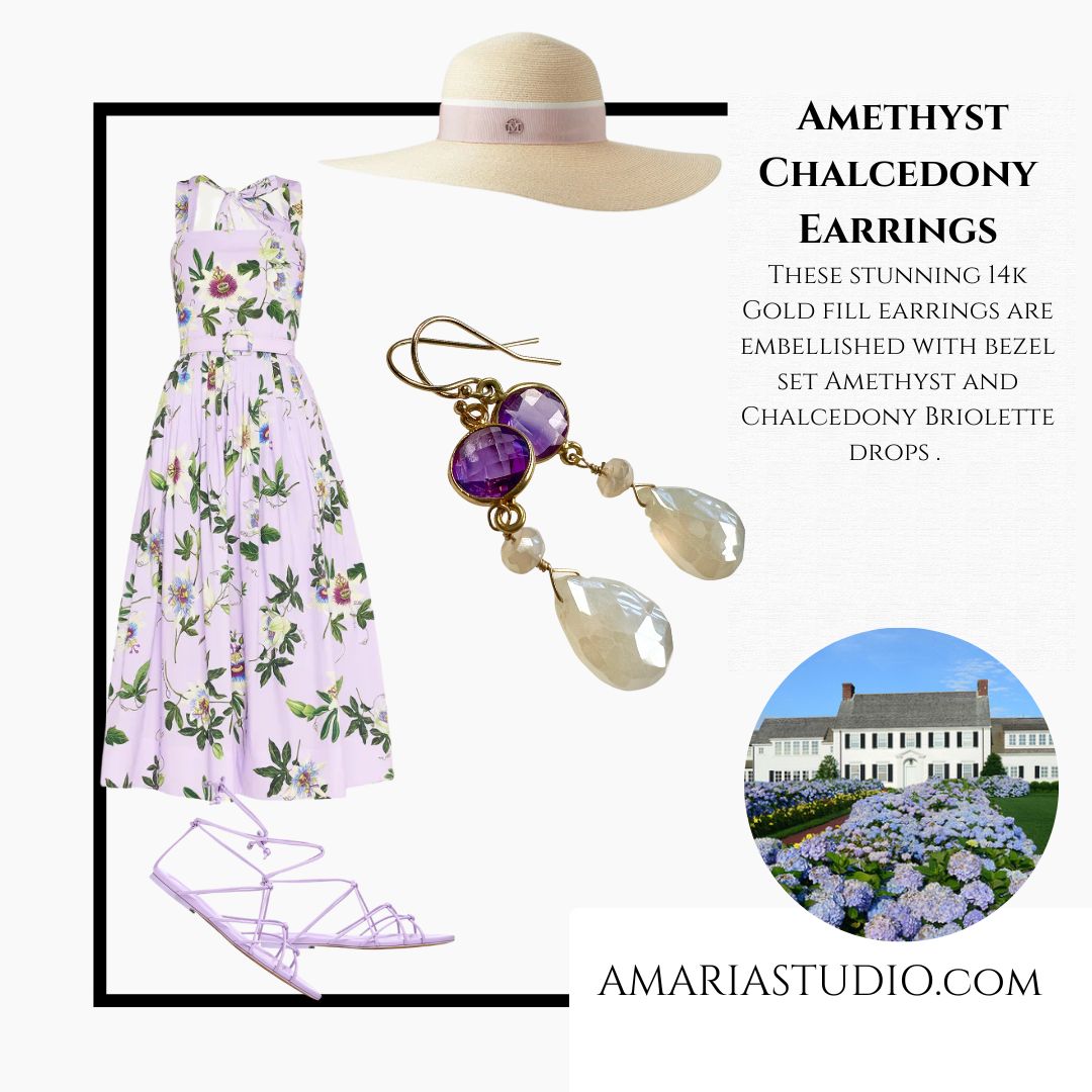 amethyst earrings with chalcedony briolettes shown with a purple dress, sandals and a straw hat