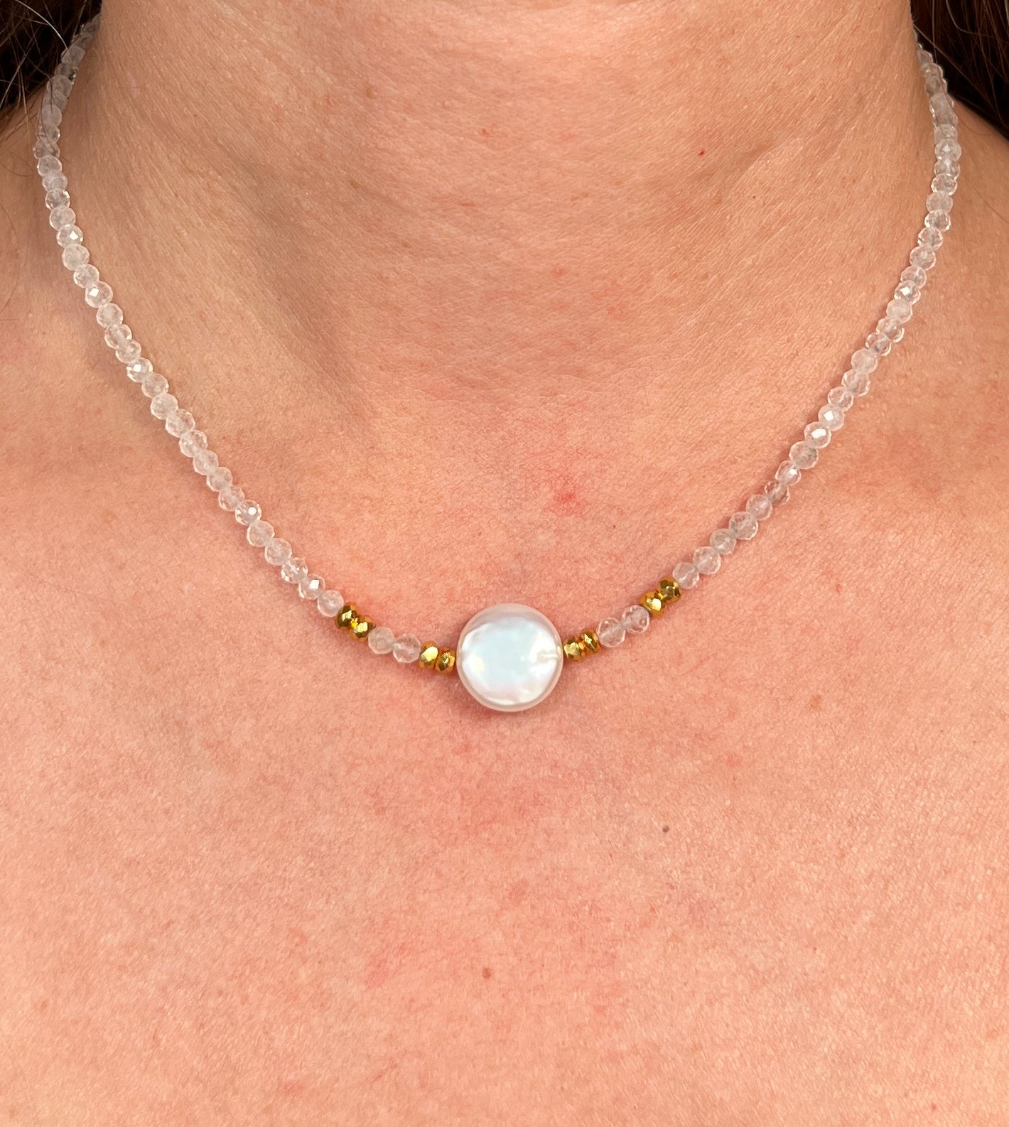 Beaded rock crystal quartz Necklace | Rock crystal quartz Choker | Rock Crystal Quartz and gold filled jewelry |  Beaded layering - Amaria Studio