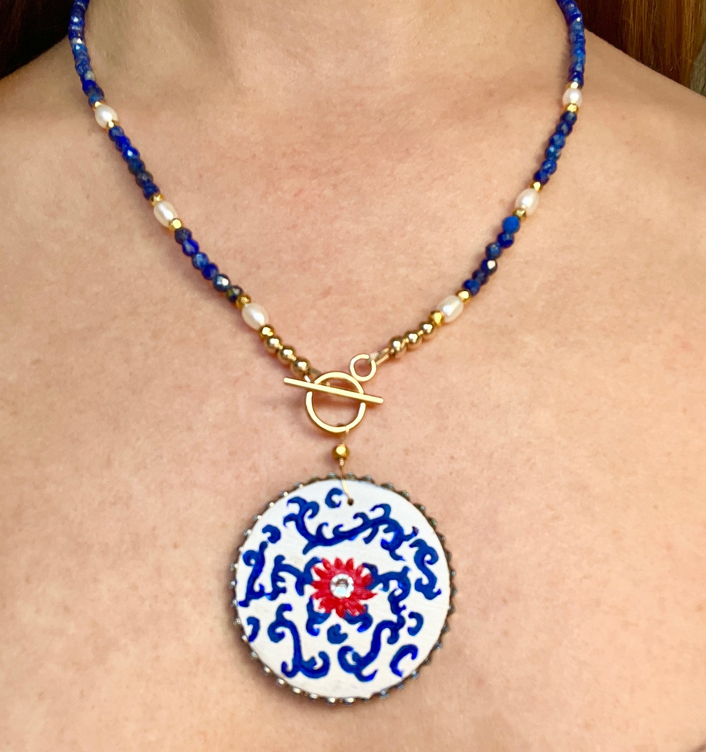 Lapis lazuli necklace with hand painted pendant - Amaria Studio