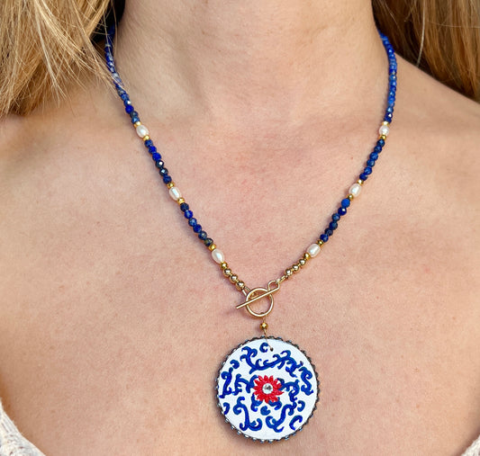 Lapis lazuli necklace with hand painted pendant - Amaria Studio