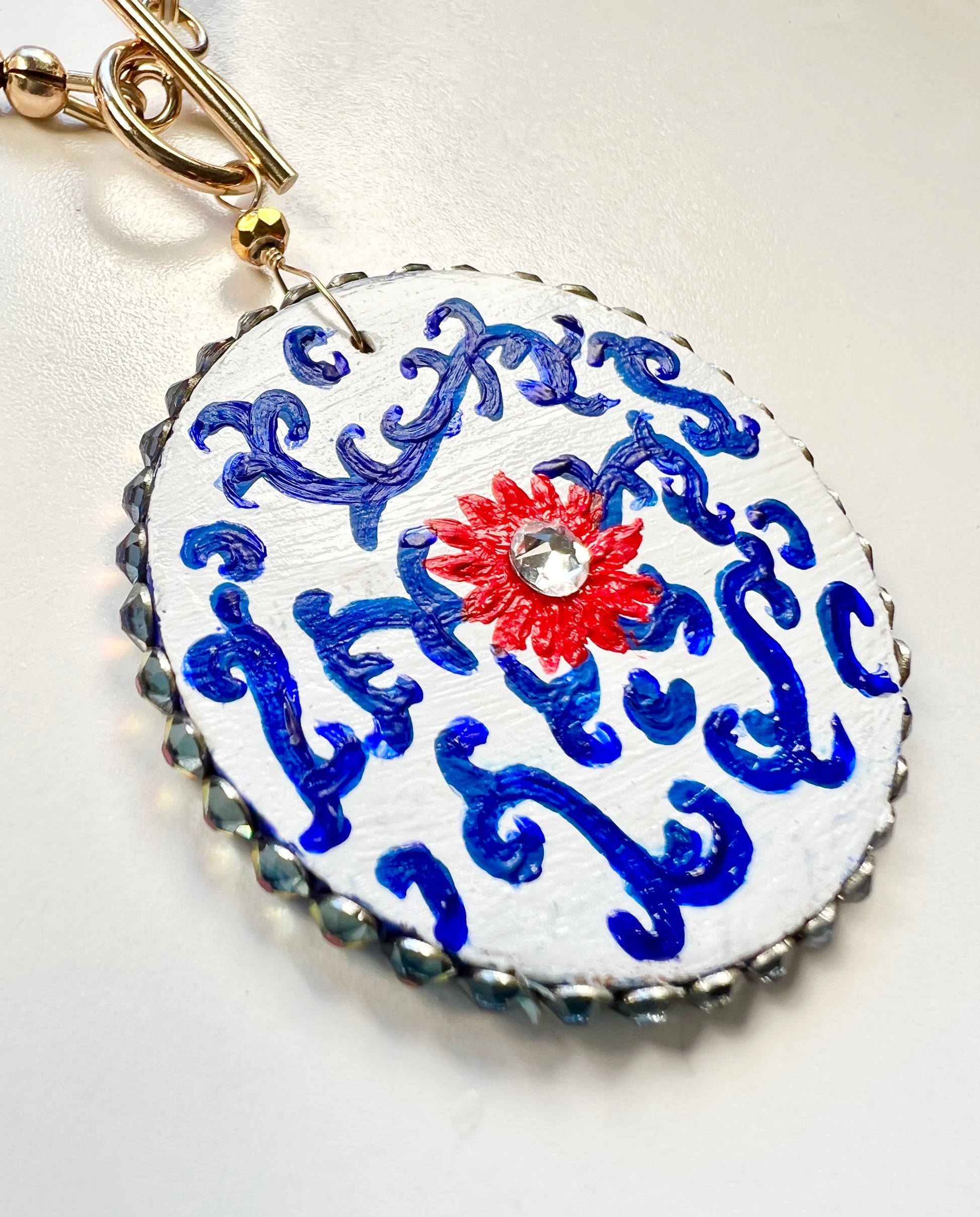 Lapis lazuli necklace with hand painted pendant - Amaria Studio