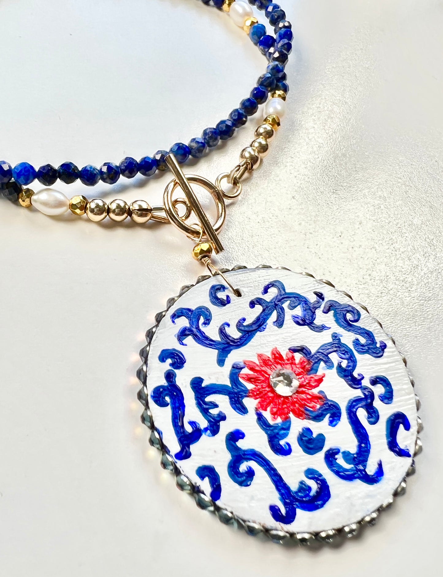 Lapis lazuli necklace with hand painted pendant - Amaria Studio