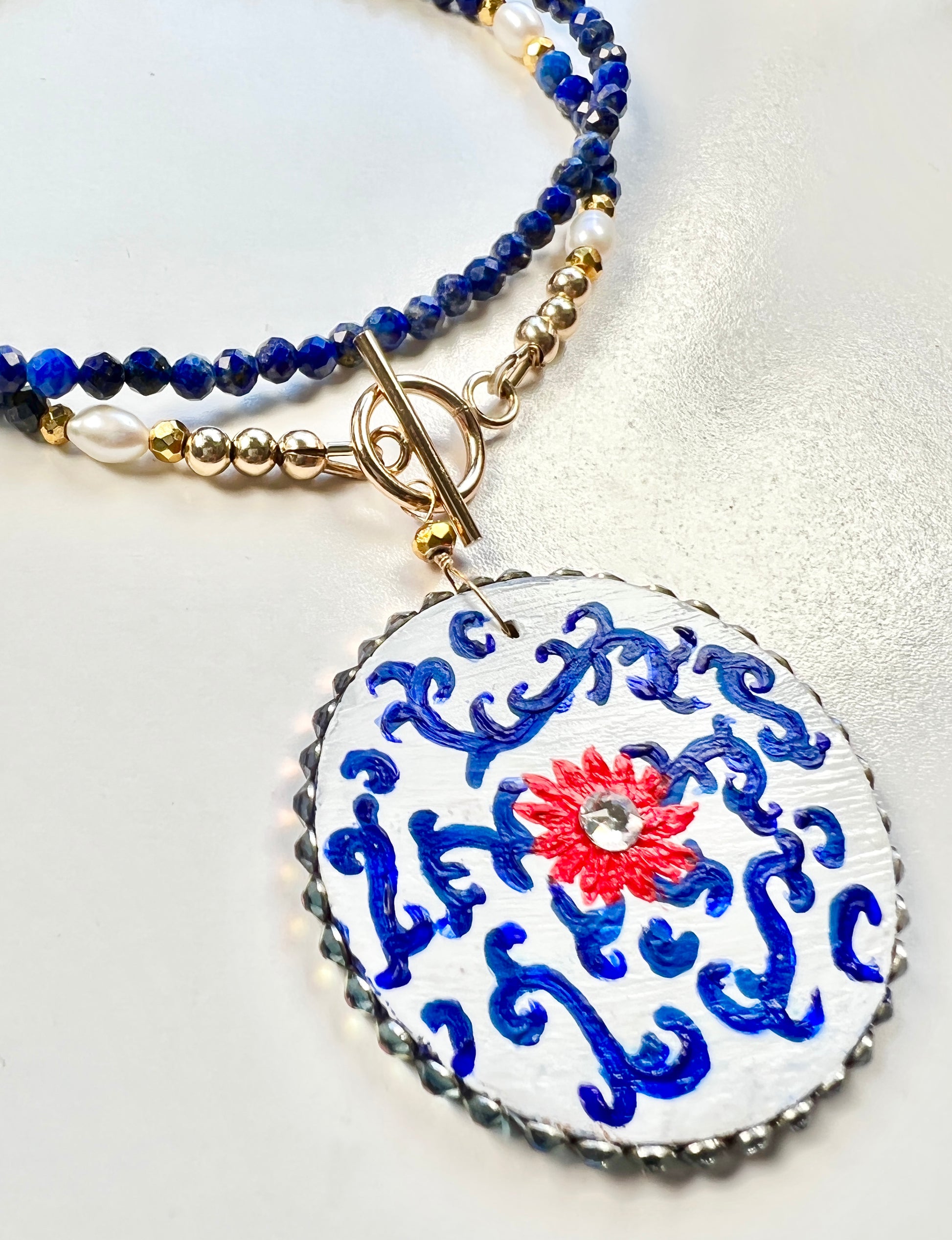 Lapis lazuli necklace with hand painted pendant - Amaria Studio