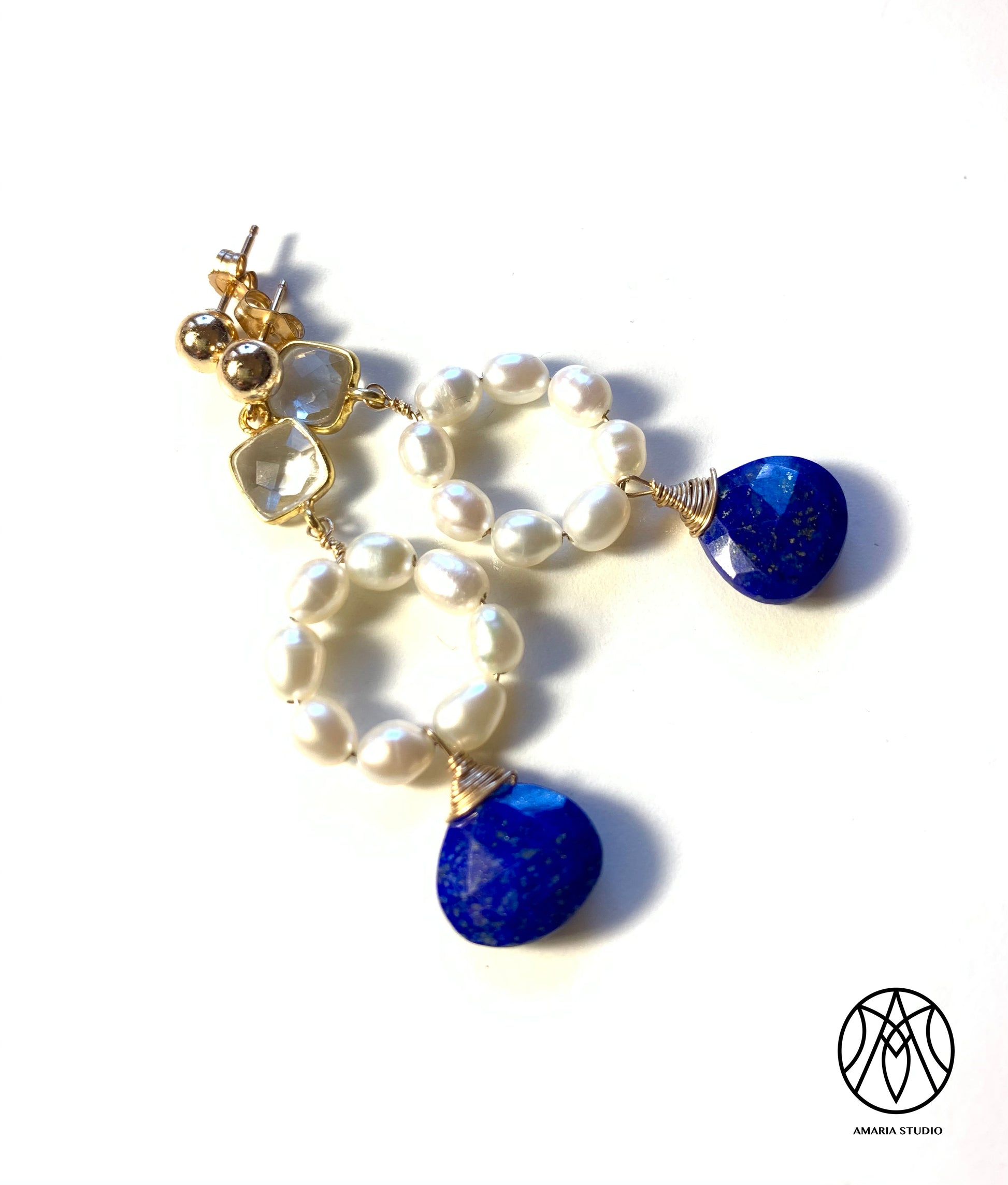 Quartz, pearl, lapis lazuli earrings - Amaria Studio