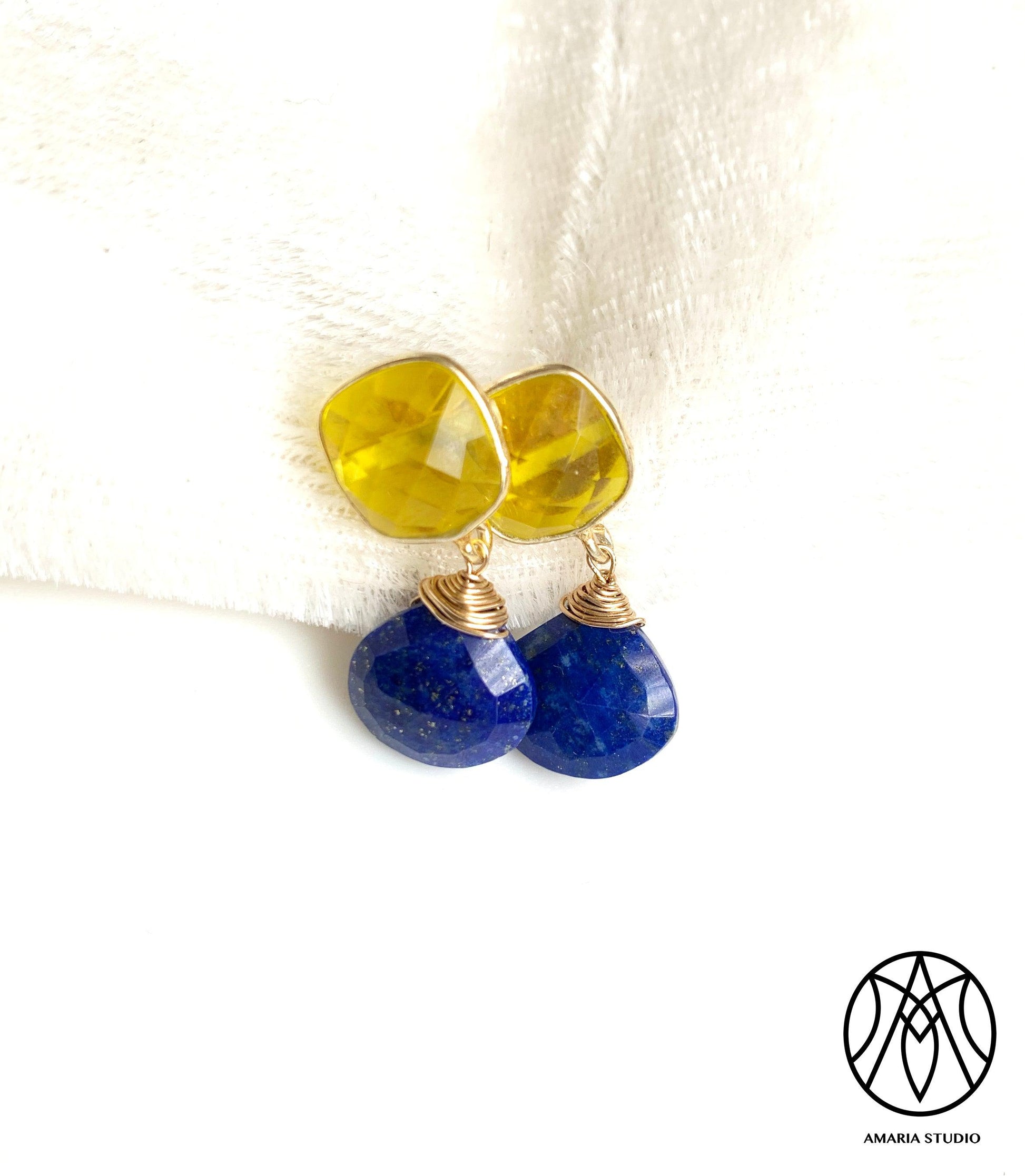 Lemon quartz and lapiz lazuli earrings - Amaria Studio