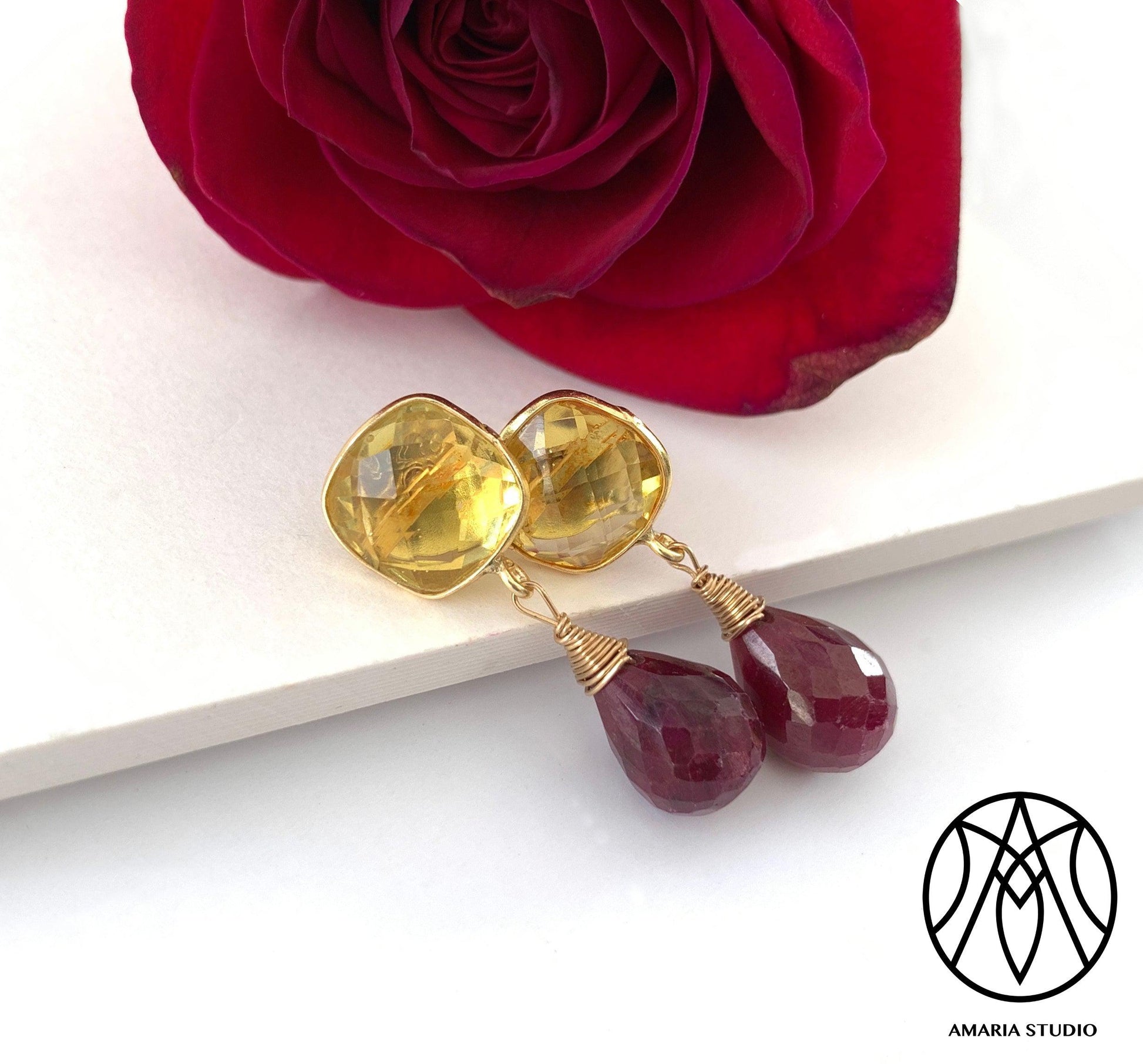 Lemon quartz and ruby earrings - Amaria Studio