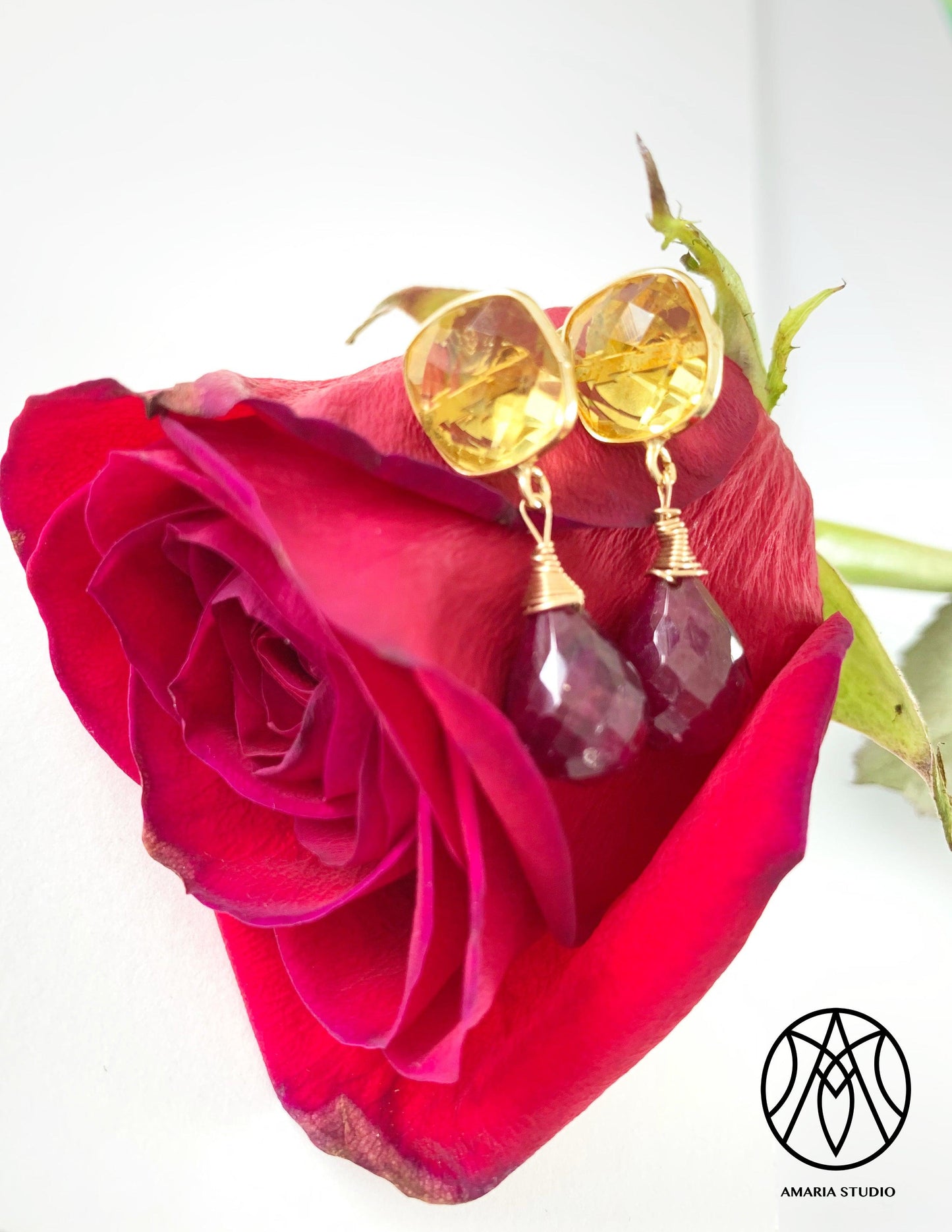 Lemon quartz and ruby earrings - Amaria Studio