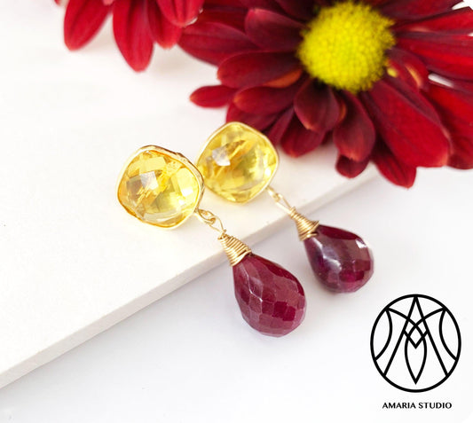 Lemon quartz and ruby earrings - Amaria Studio