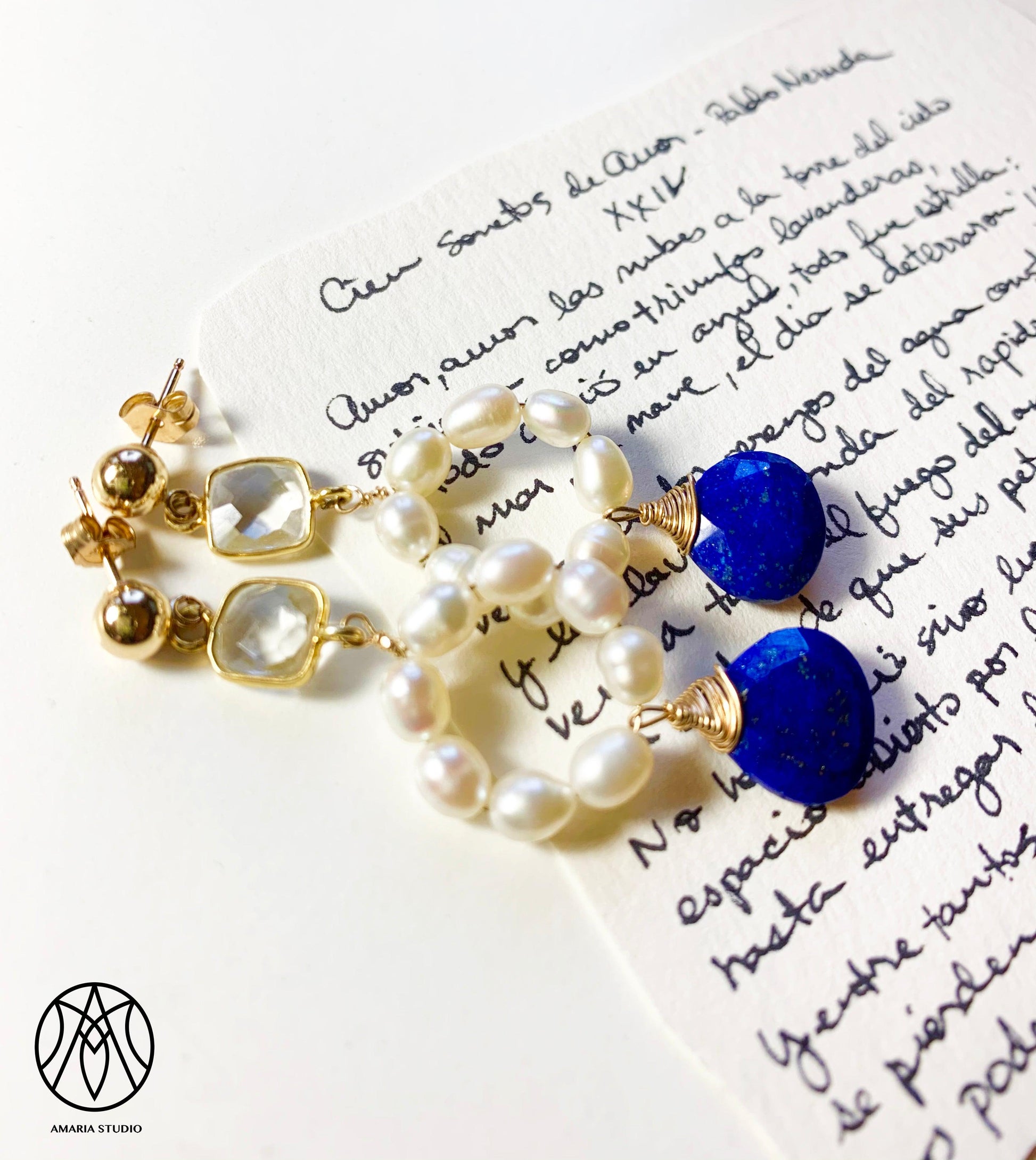 Quartz, pearl, lapis lazuli earrings - Amaria Studio