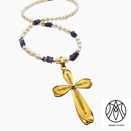 Pearl iolite necklace with filigree cross - Amaria Studio