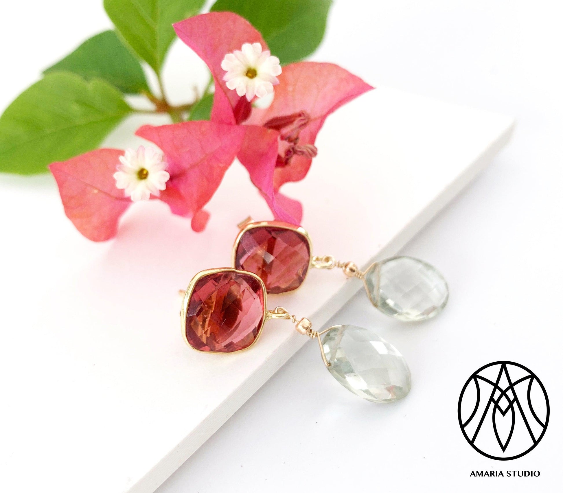Pink tourmaline and green amethyst earrings - Amaria Studio