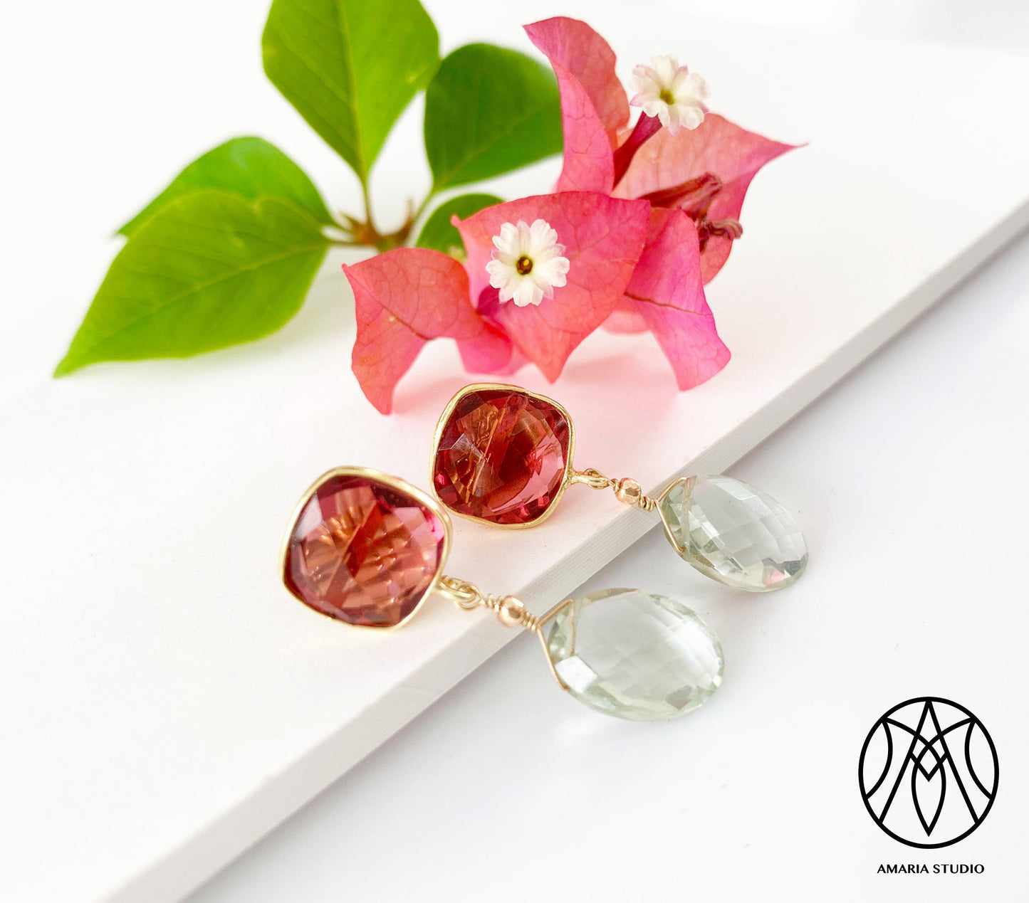 Pink tourmaline and green amethyst earrings - Amaria Studio
