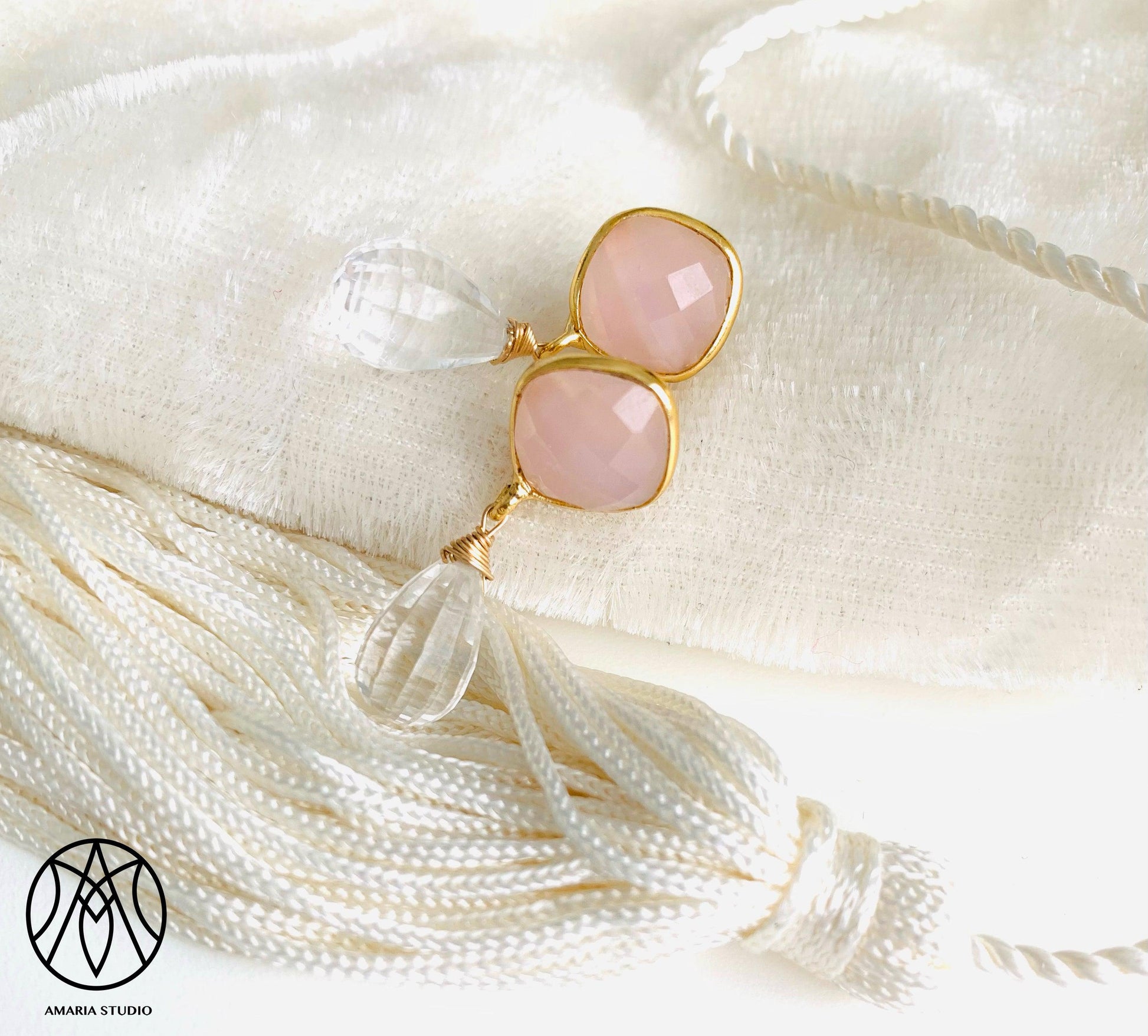 Rose and crystal quartz earrings - Amaria Studio