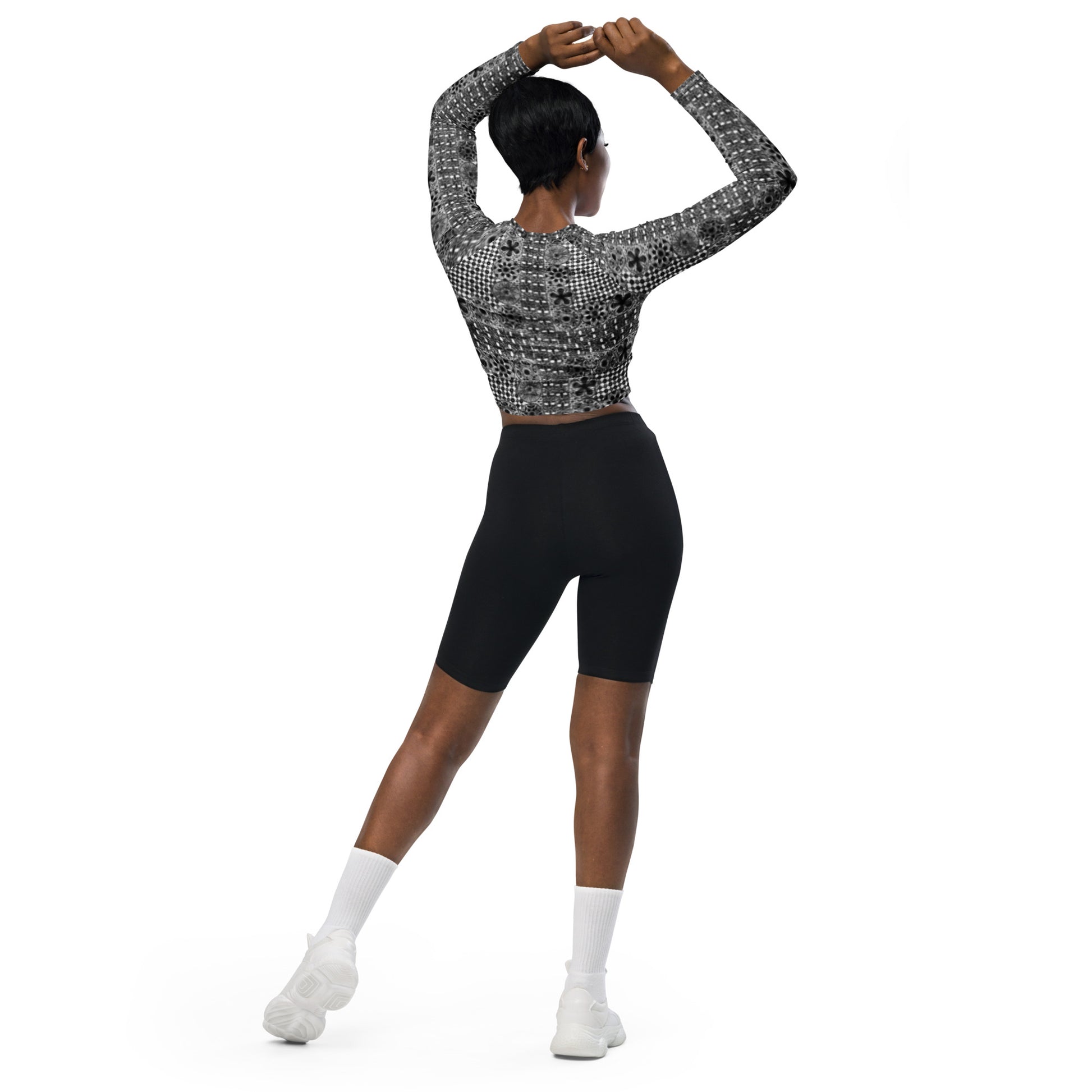 Black ñanduti lace print long-sleeve crop top - Amaria Studio