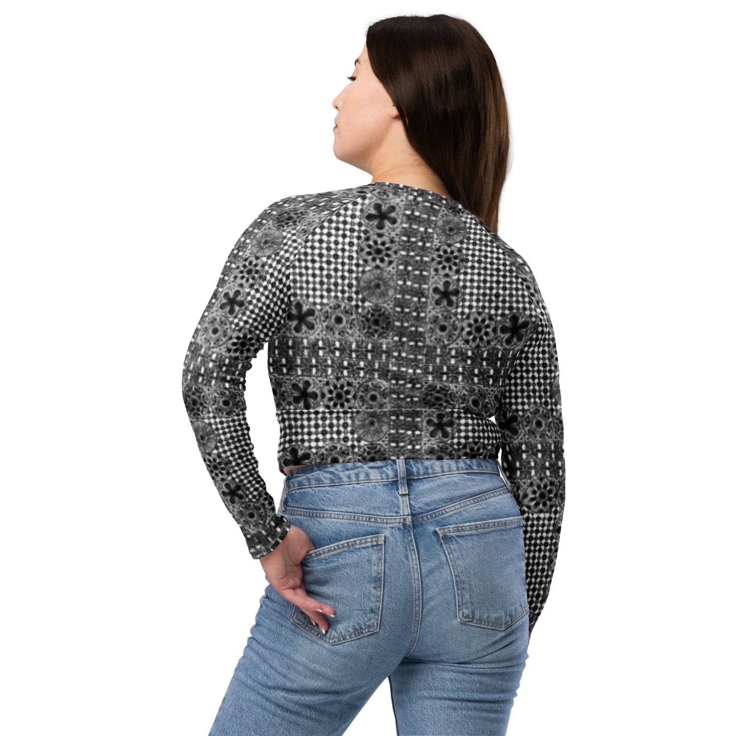 Black ñanduti lace print long-sleeve crop top - Amaria Studio