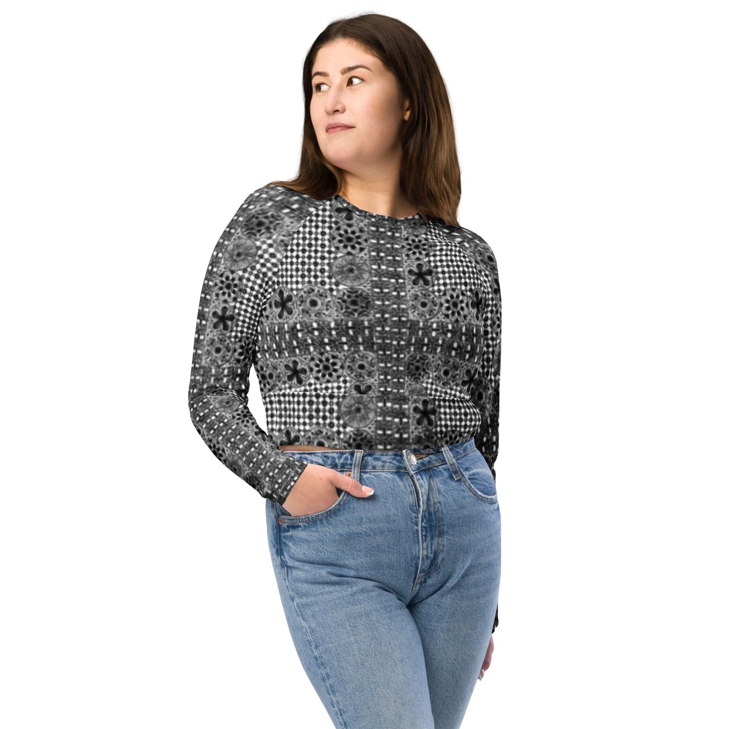 Black ñanduti lace print long-sleeve crop top - Amaria Studio