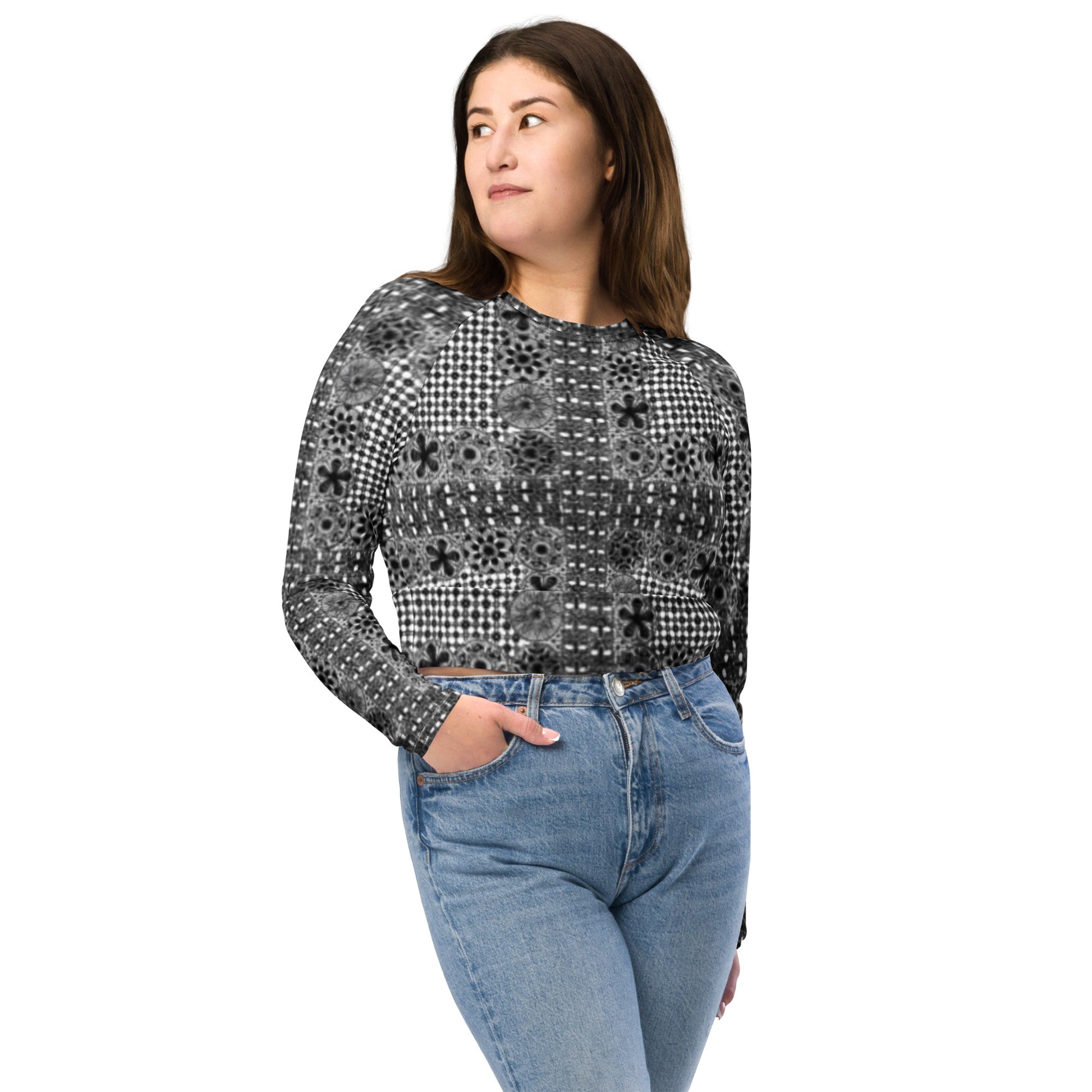 Black ñanduti lace print long-sleeve crop top - Amaria Studio