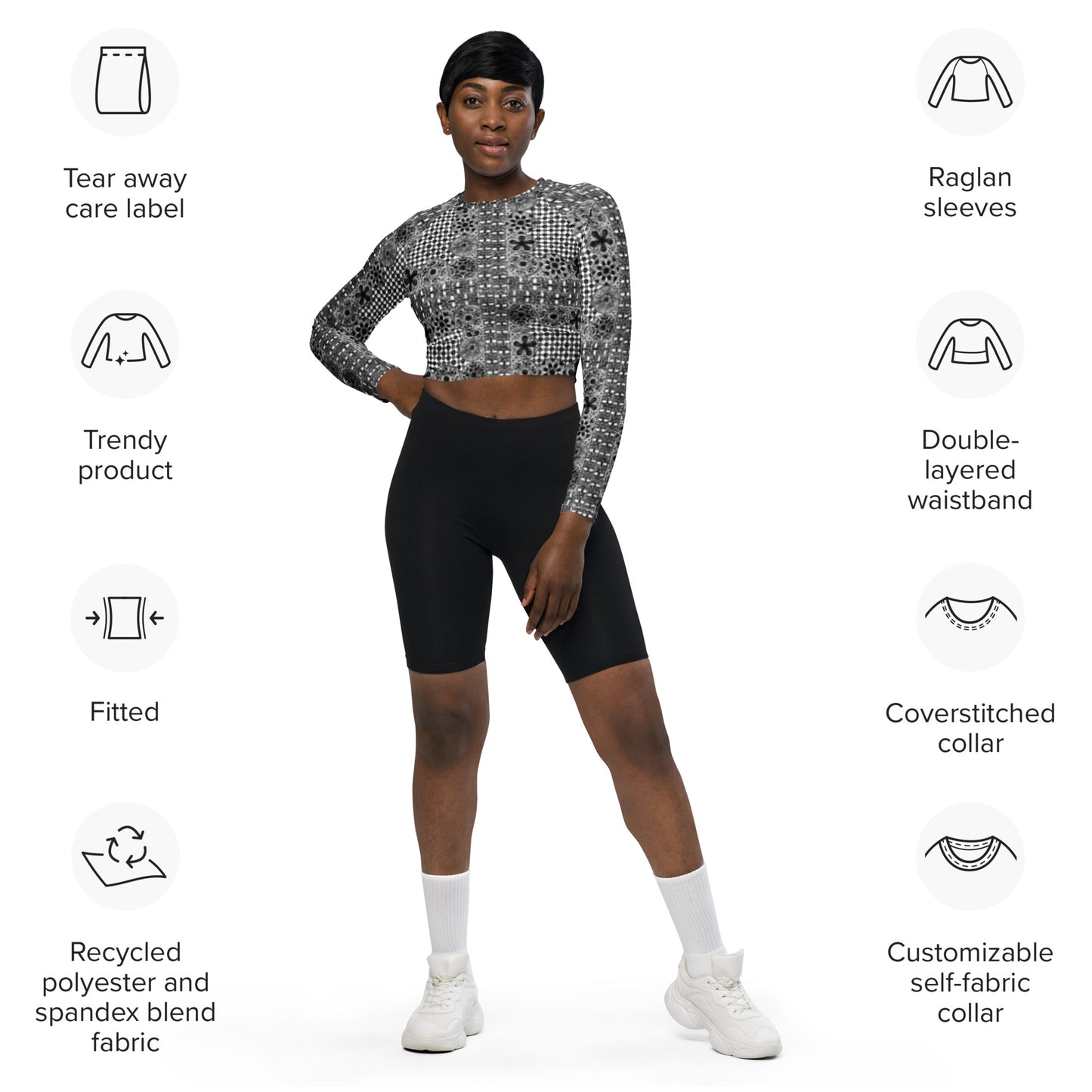 Black ñanduti lace print long-sleeve crop top - Amaria Studio