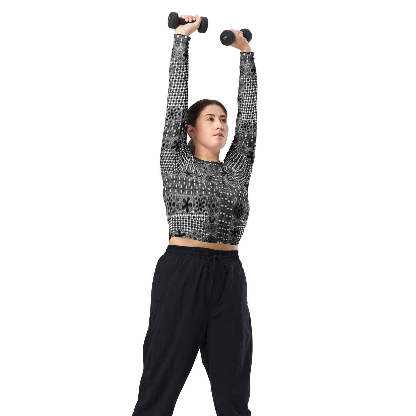 Black ñanduti lace print long-sleeve crop top - Amaria Studio