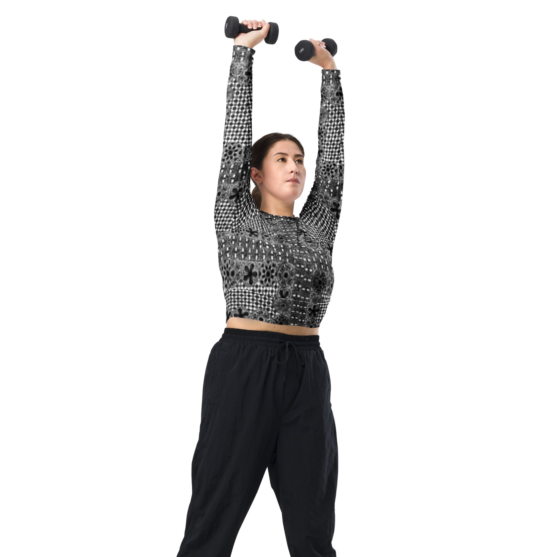 Black ñanduti lace print long-sleeve crop top - Amaria Studio