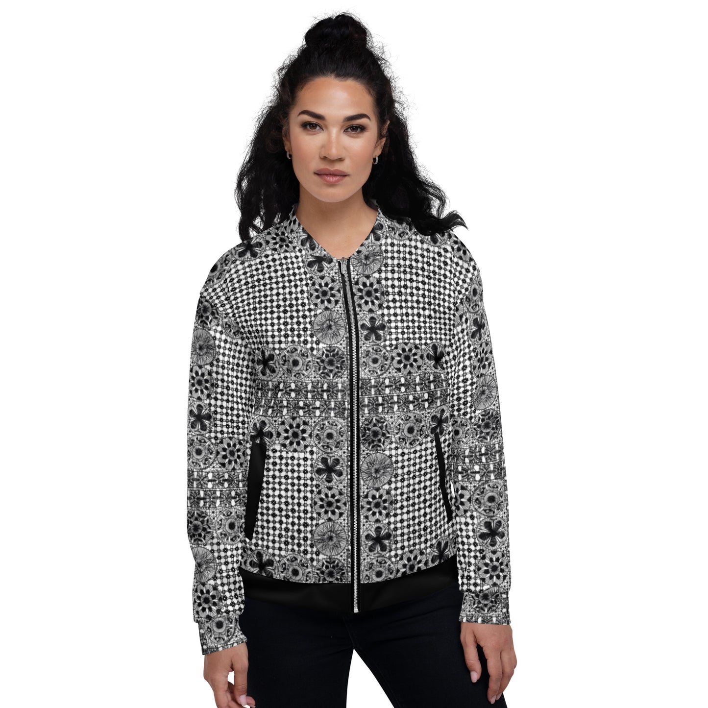 Black Ñanduti lace Unisex Bomber Jacket - Amaria Studio