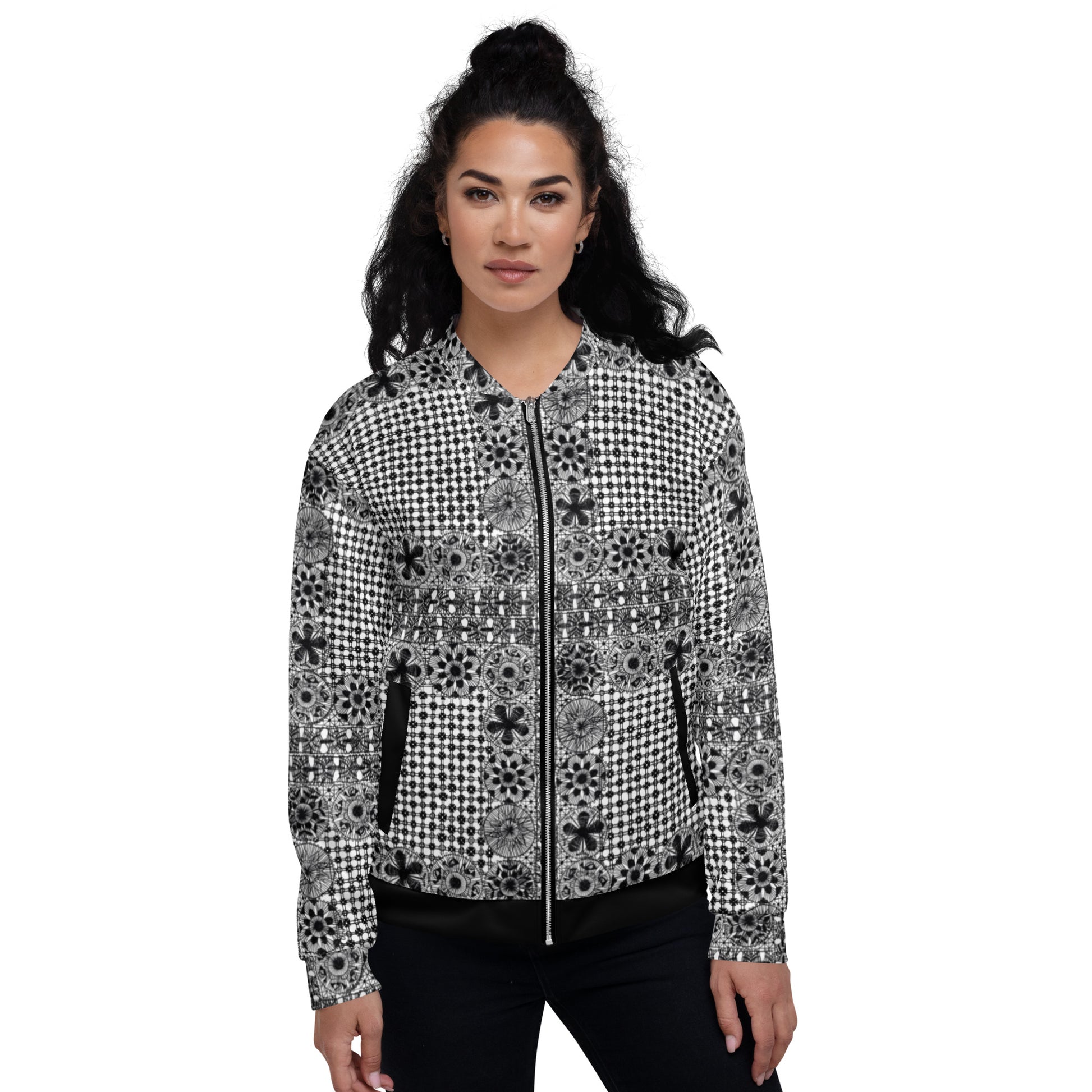 Black Ñanduti lace Unisex Bomber Jacket - Amaria Studio