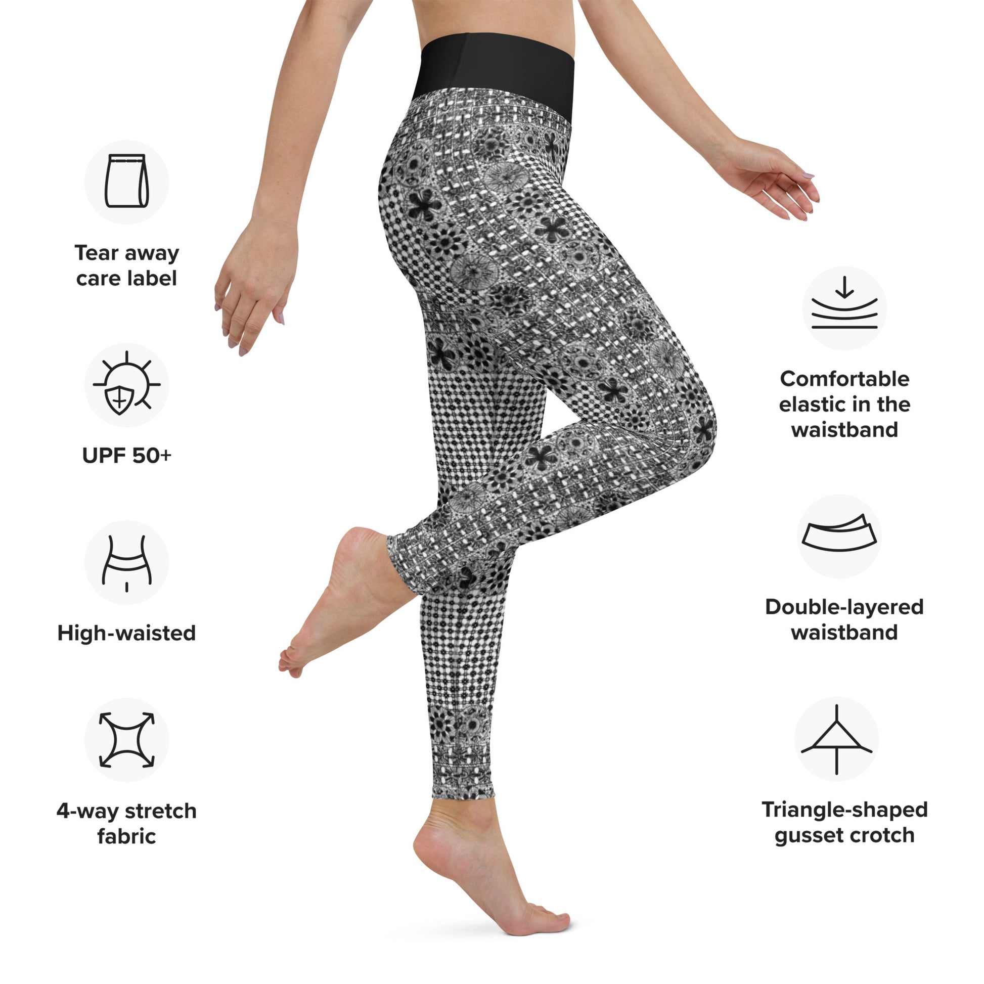 Black ñanduti lace print yoga leggings - Amaria Studio