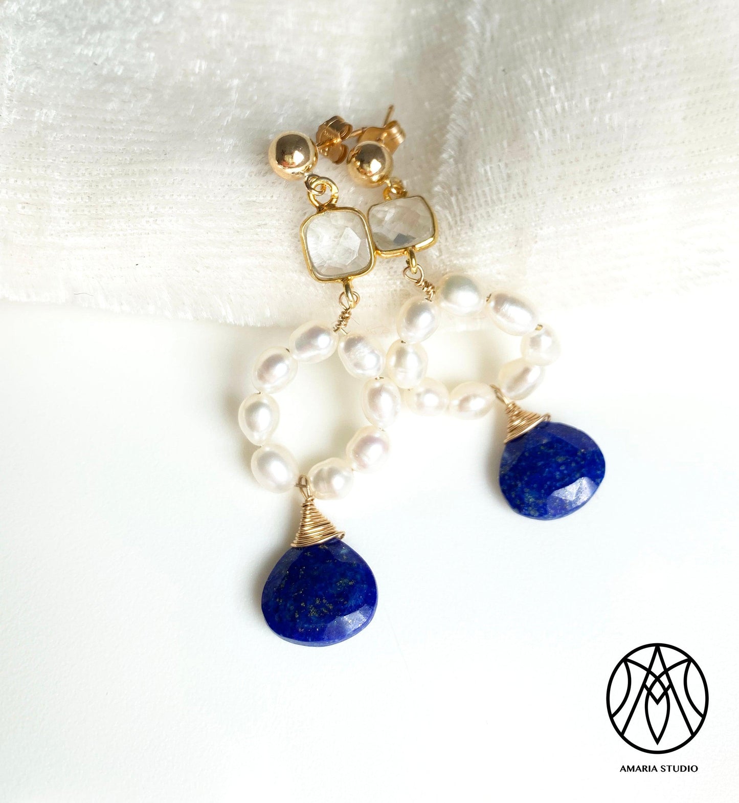 Quartz, pearl, lapis lazuli earrings - Amaria Studio