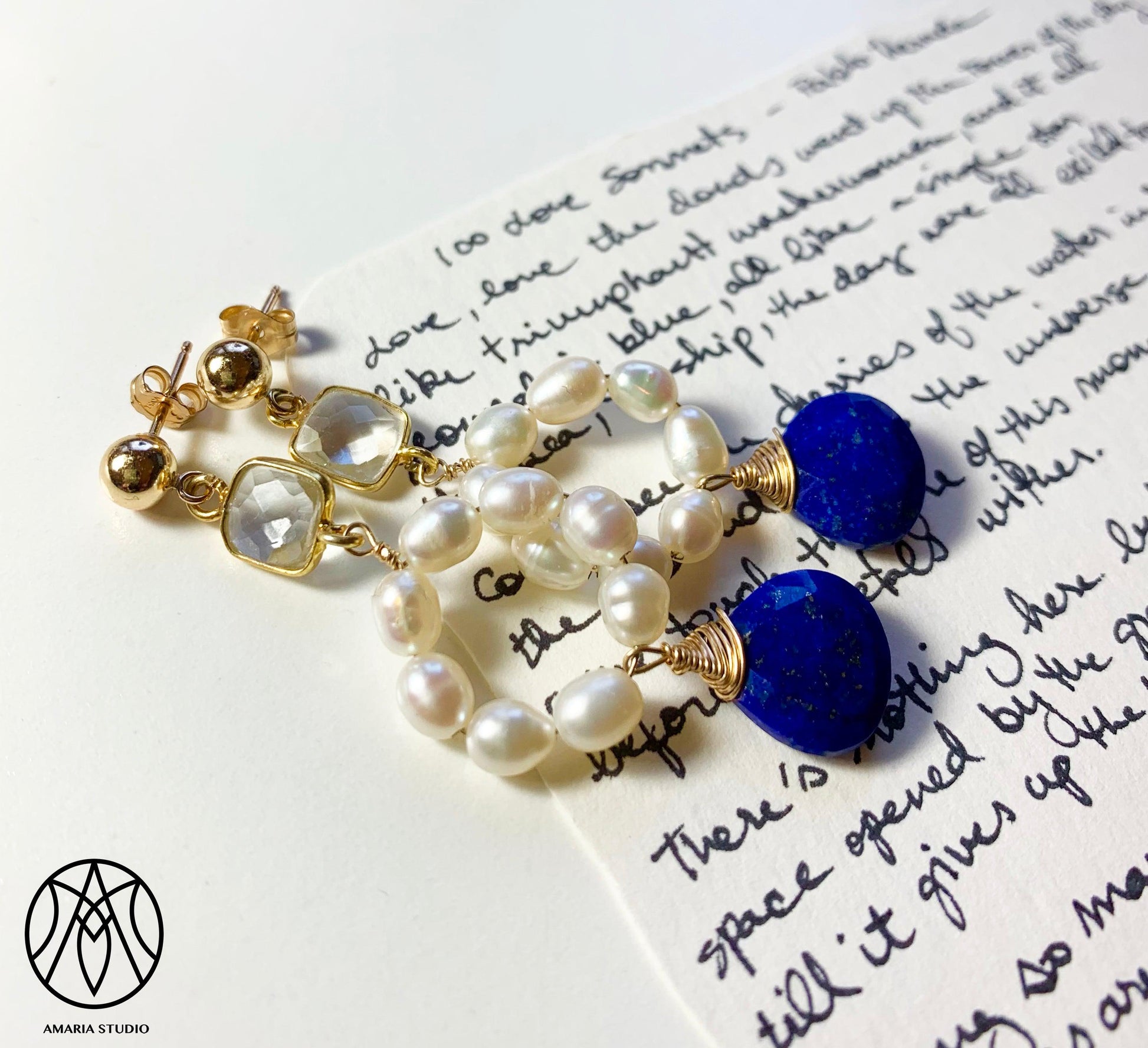 Quartz, pearl, lapis lazuli earrings - Amaria Studio