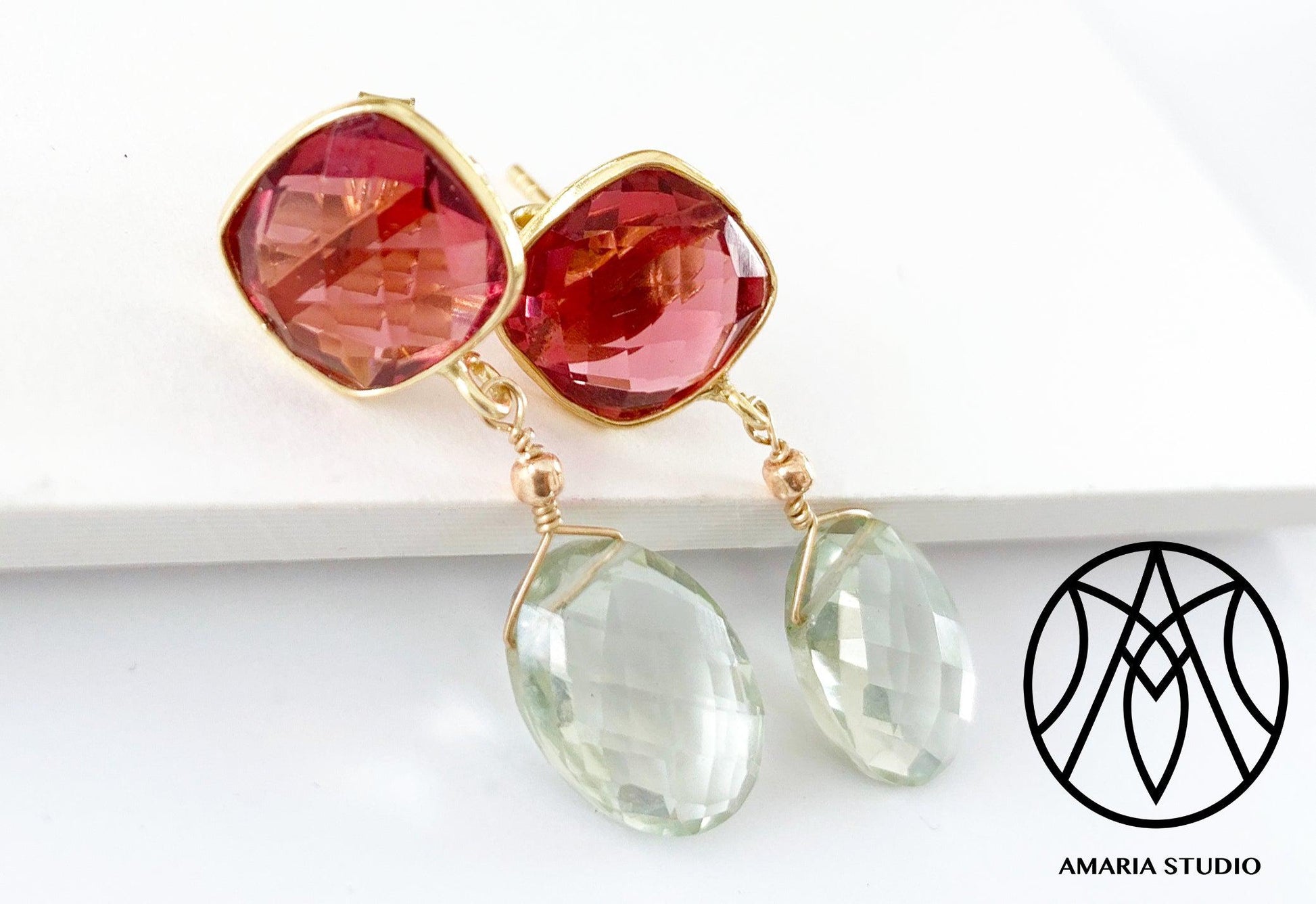 Pink tourmaline and green amethyst earrings - Amaria Studio