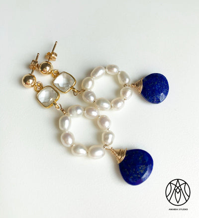 Quartz, pearl, lapis lazuli earrings - Amaria Studio